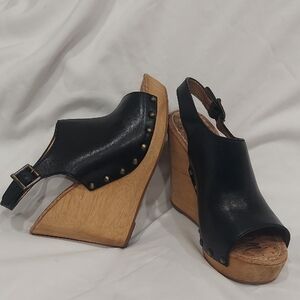 *WEEKEND SALE Sam Edelman Black Leather Wedge Sandals with Wood Platform